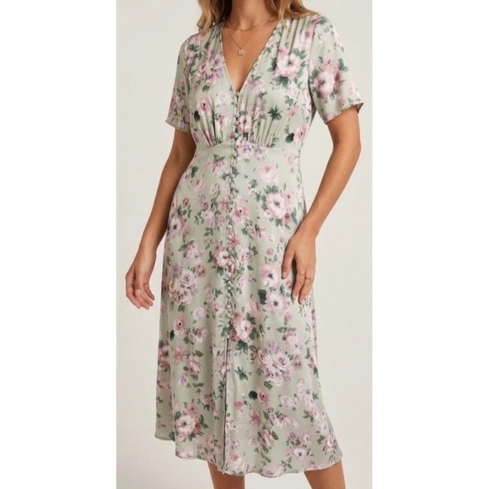 The Kooples Fabi Checks Floral Midi Dress Sage Green Purple Pink NWT